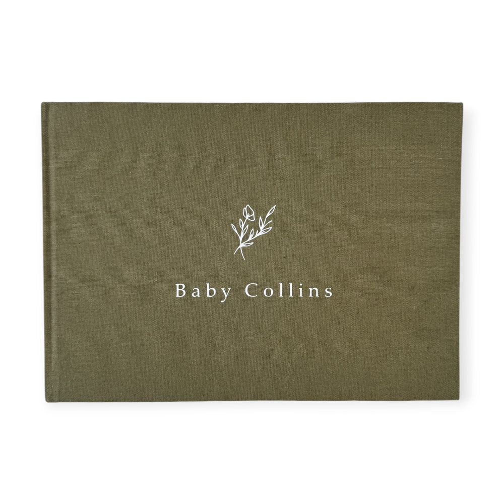 Elegant Baby Shower Guest Book with Green Linen Cover