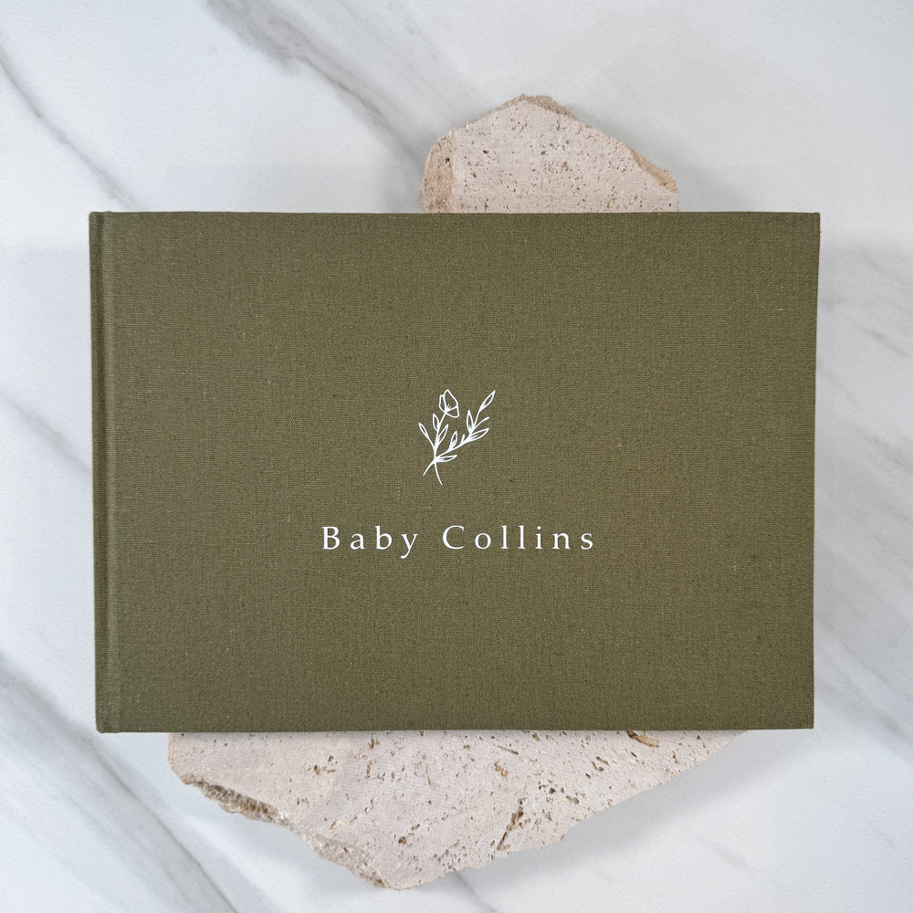 Elegant Baby Shower Guest Book with Green Linen Cover