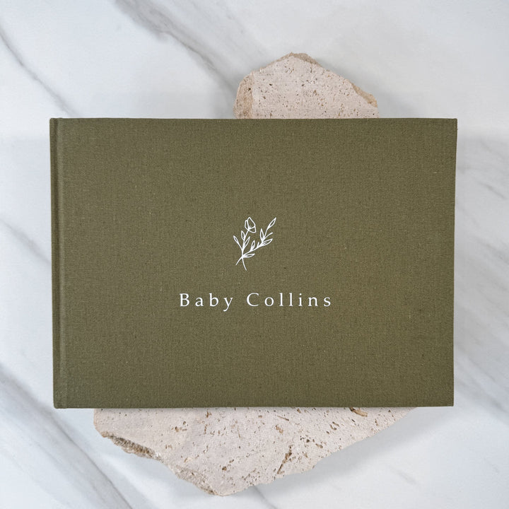 Elegant Baby Shower Guest Book with Green Linen Cover
