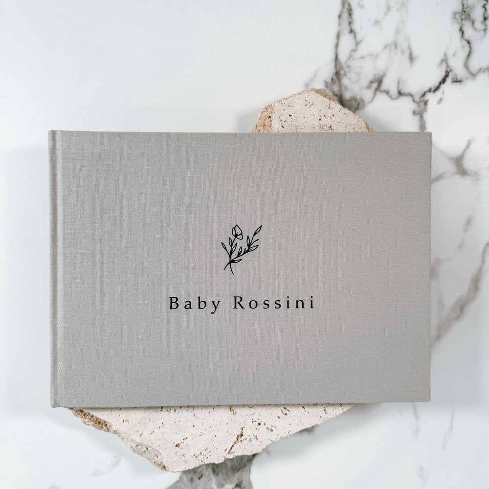 Elegant Baby Shower Guest Book with Grey Linen Cover