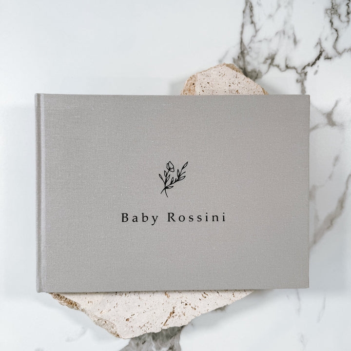 Elegant Baby Shower Guest Book with Grey Linen Cover