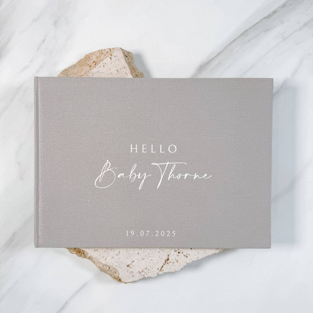 Baby Shower Memory Book with Grey Linen Cover