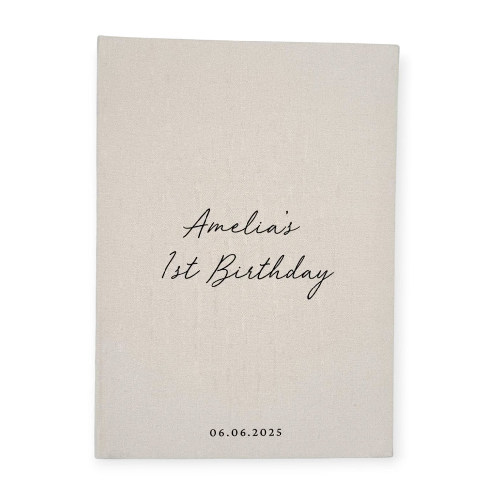 Personalised First Birthday Guest Book Almond Linen Cover