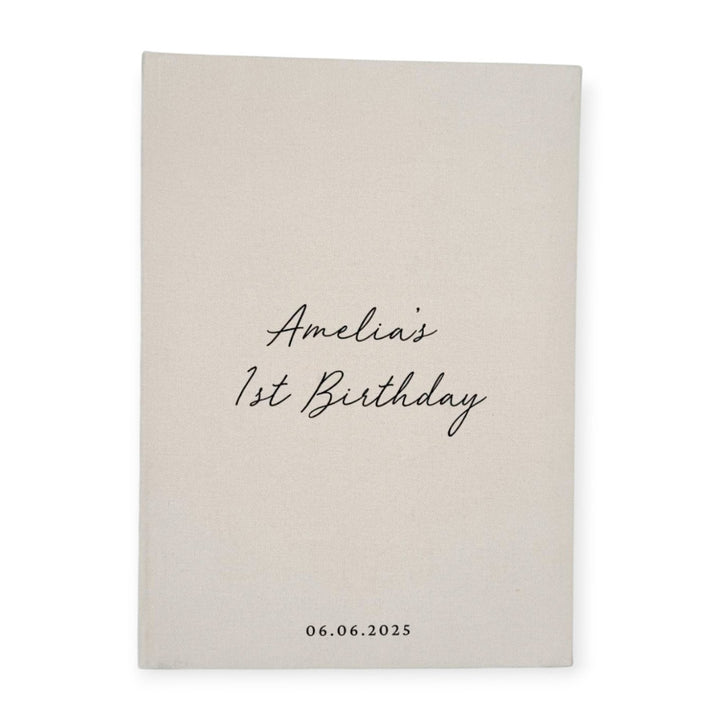Personalised First Birthday Guest Book Almond Linen Cover