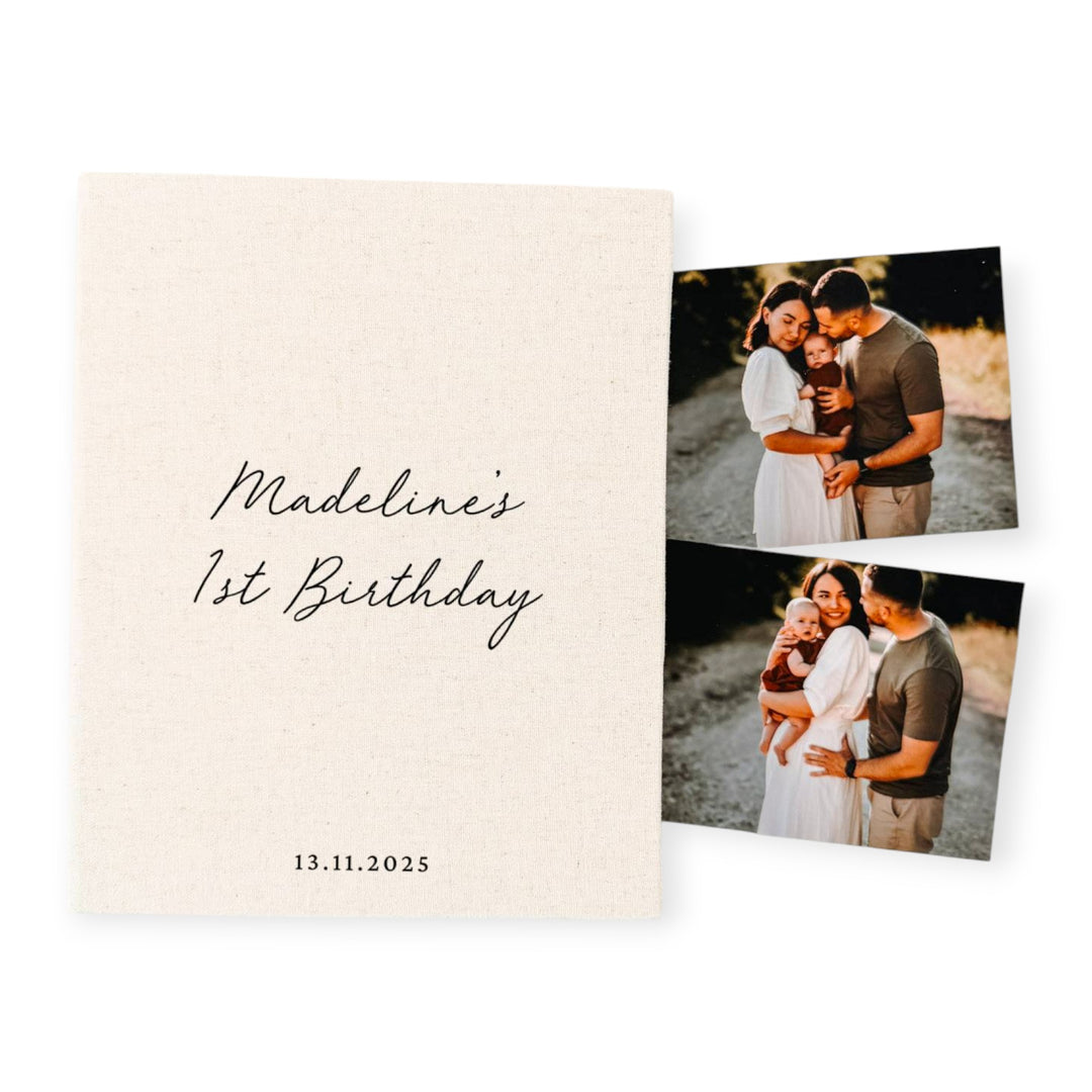 Personalised First Birthday Photo Album Linen Cover Ivory