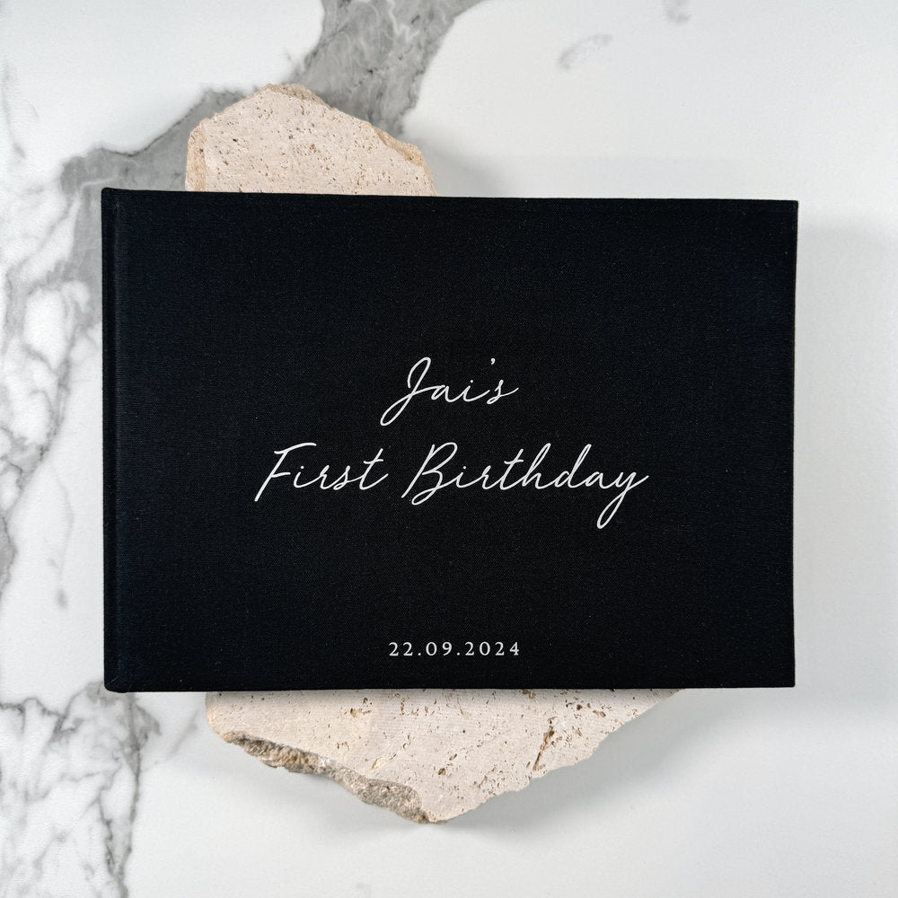 First Birthday Guest Book with Black Linen Cover