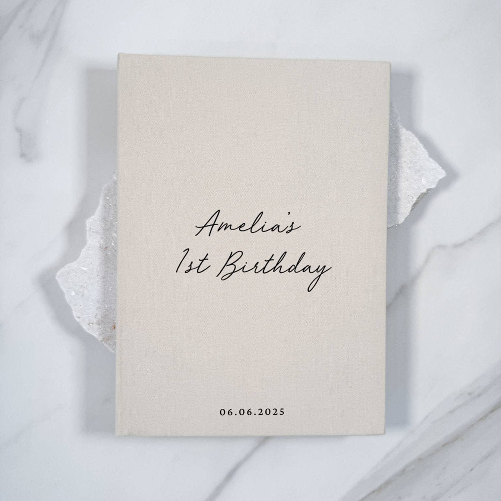 Personalised First Birthday Guest Book Almond Linen Cover