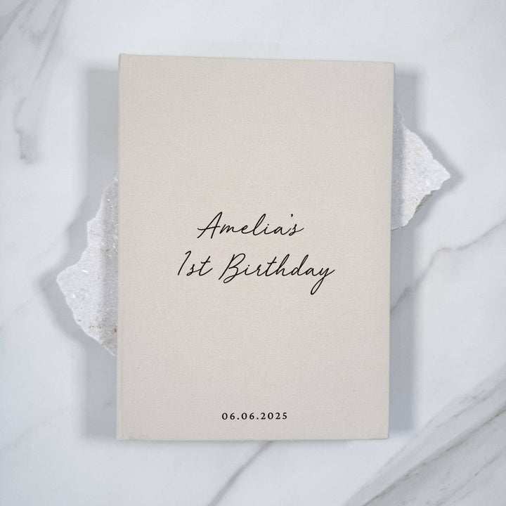 Personalised First Birthday Guest Book Almond Linen Cover