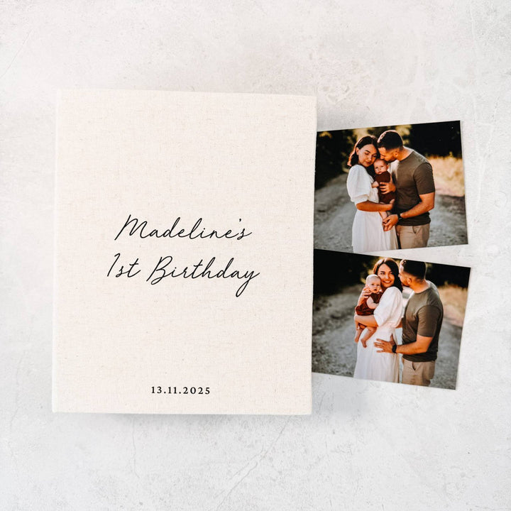 Personalised First Birthday Photo Album Linen Cover Ivory