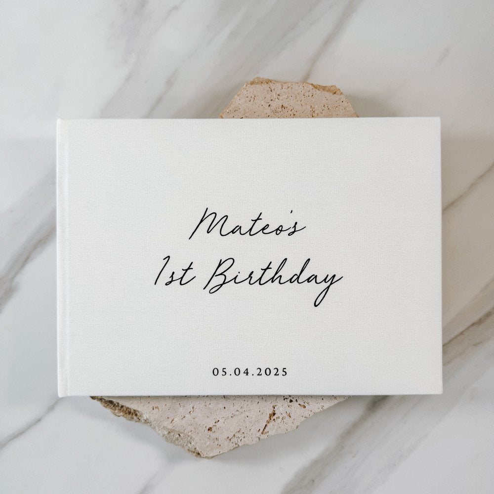 First Birthday Guest Book with Ivory Linen Cover