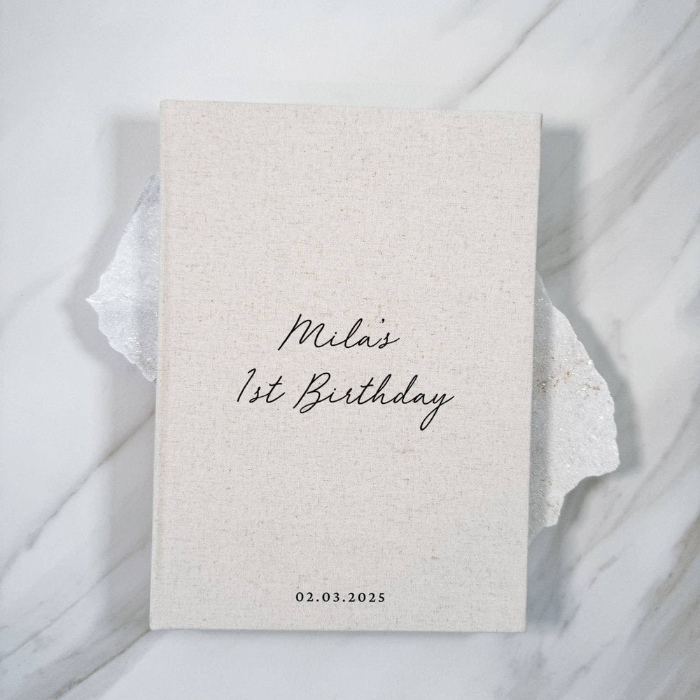 Personalised First Birthday Guest Book Sand Linen Cover