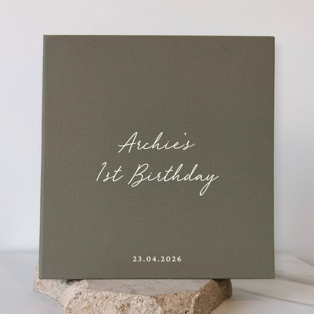 Personalised First Birthday Photo Album Self-Adhesive Sage Linen