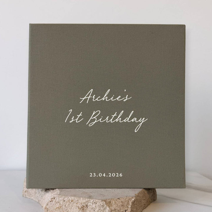 Personalised First Birthday Photo Album Self-Adhesive Sage Linen