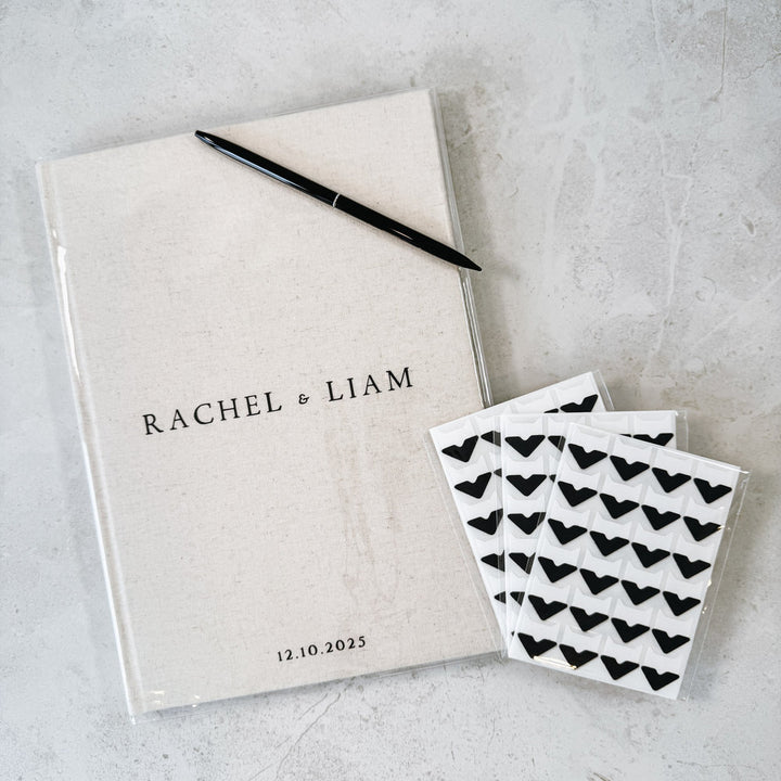 Portrait Wedding Bundle - Custom Linen Guest Book with Pen & Photo Corners