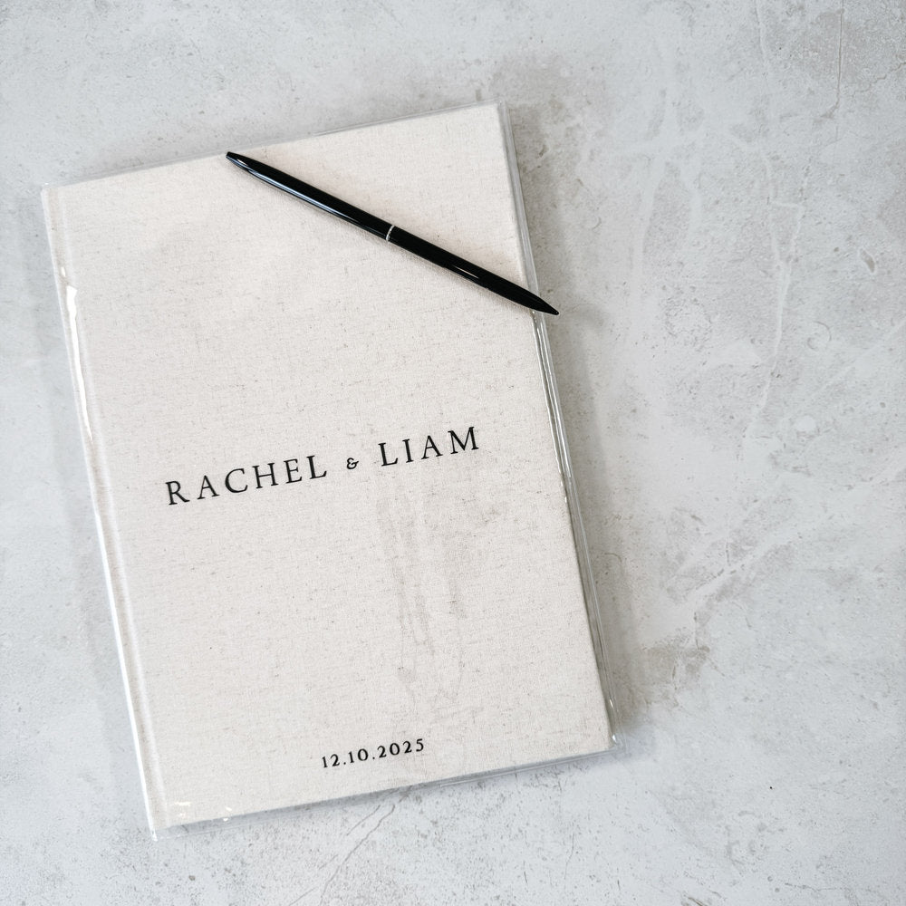 Portrait Wedding Bundle - Custom Linen Guest Book with Pen & Photo Corners